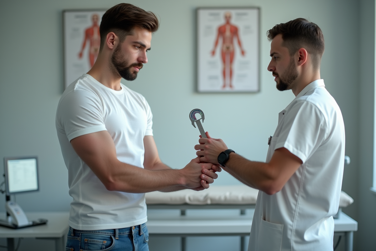 Homme utilisant un caliper pour mesurer son poignet