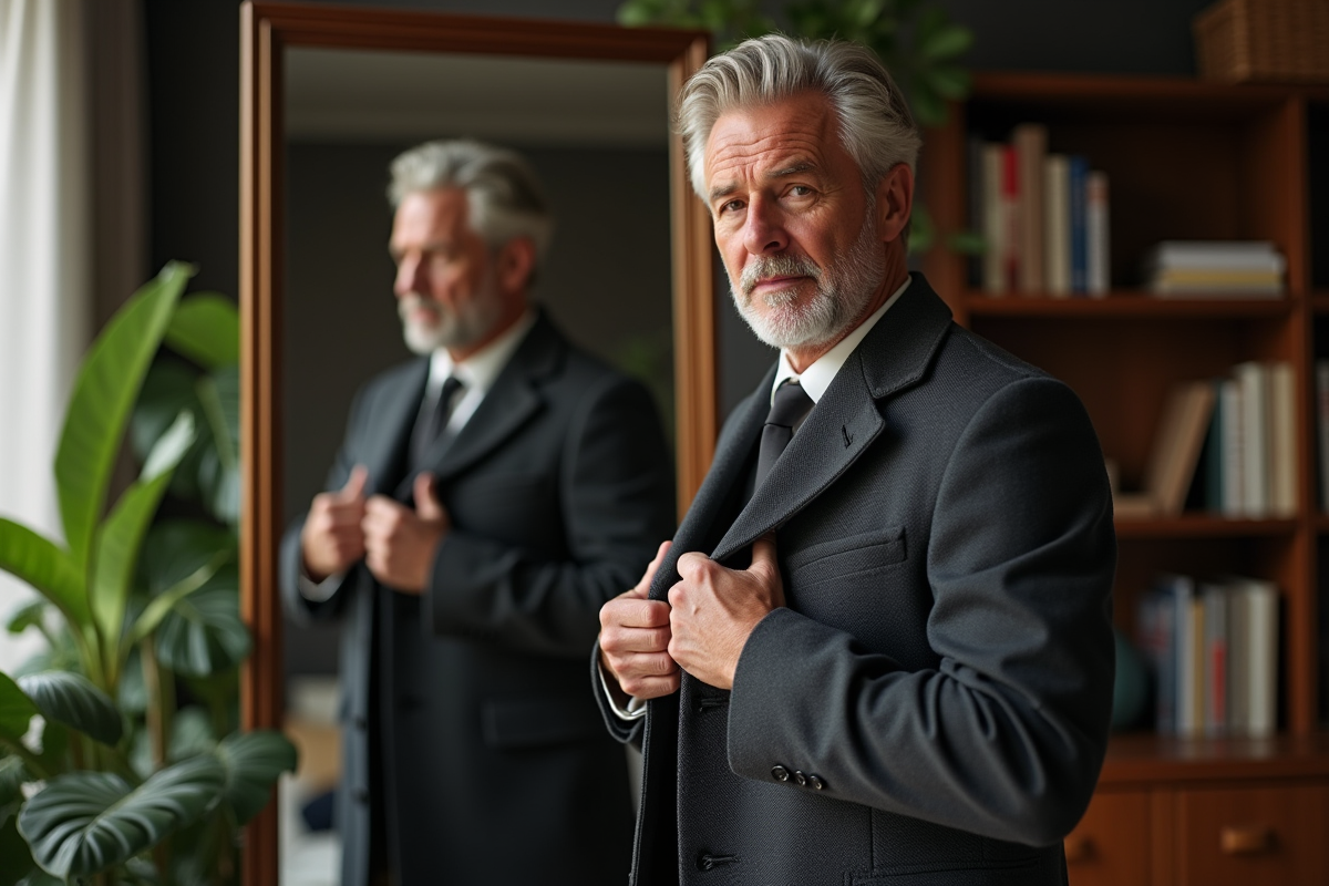Homme en costume casual ajustant sa veste dans miroir