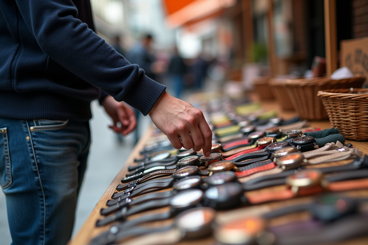 Jeune homme regardant des montres colorées au marché urbain