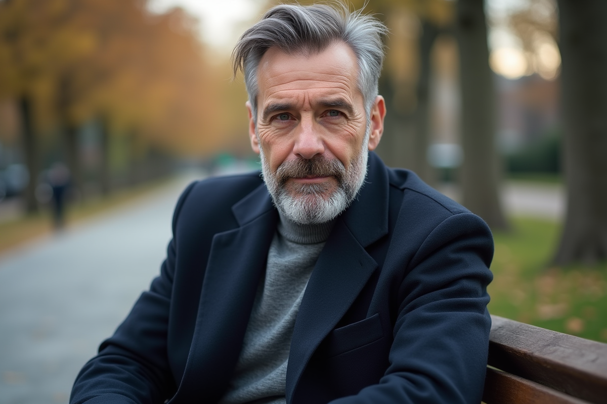 Homme barbu en manteau dans un parc urbain