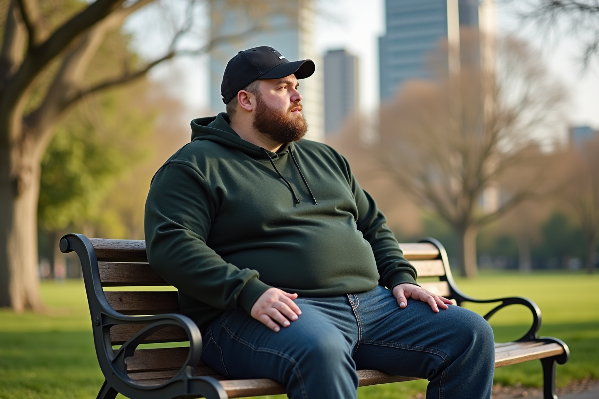 Homme plus size en streetwear assis dans un parc urbain