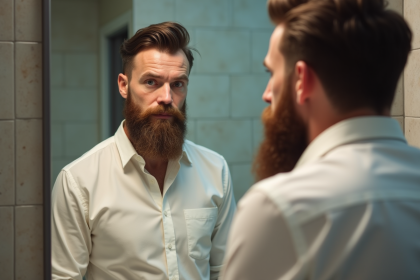 Homme avec barbe se regardant dans un miroir de salle de bain