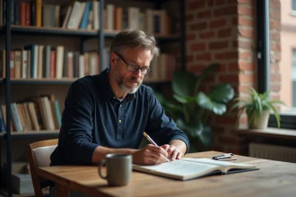 Homme dans la trentaine réfléchissant à son évolution personnelle dans un bureau à domicile chaleureux et authentique
