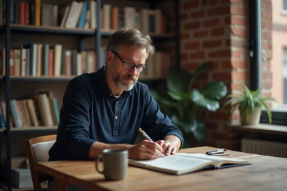 Homme dans la trentaine réfléchissant à son évolution personnelle dans un bureau à domicile chaleureux et authentique