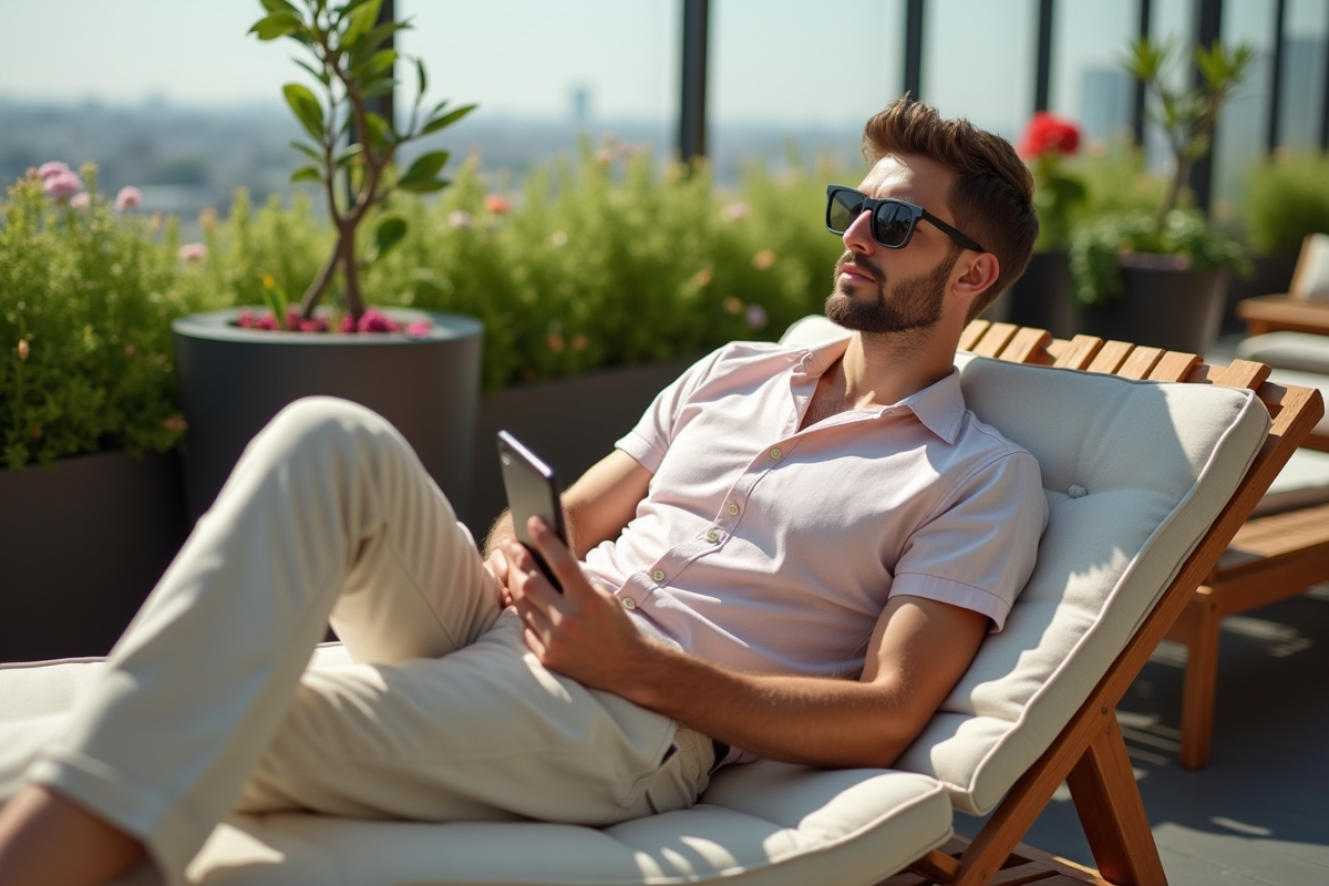 Homme en tenue décontractée dans un jardin sur un toit en ville