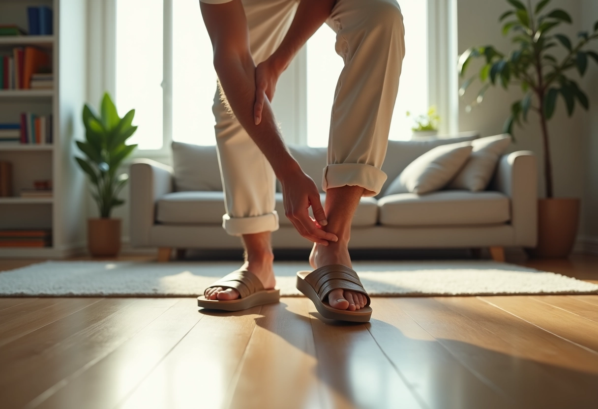 Homme dans un salon moderne essayant une sandale supportive