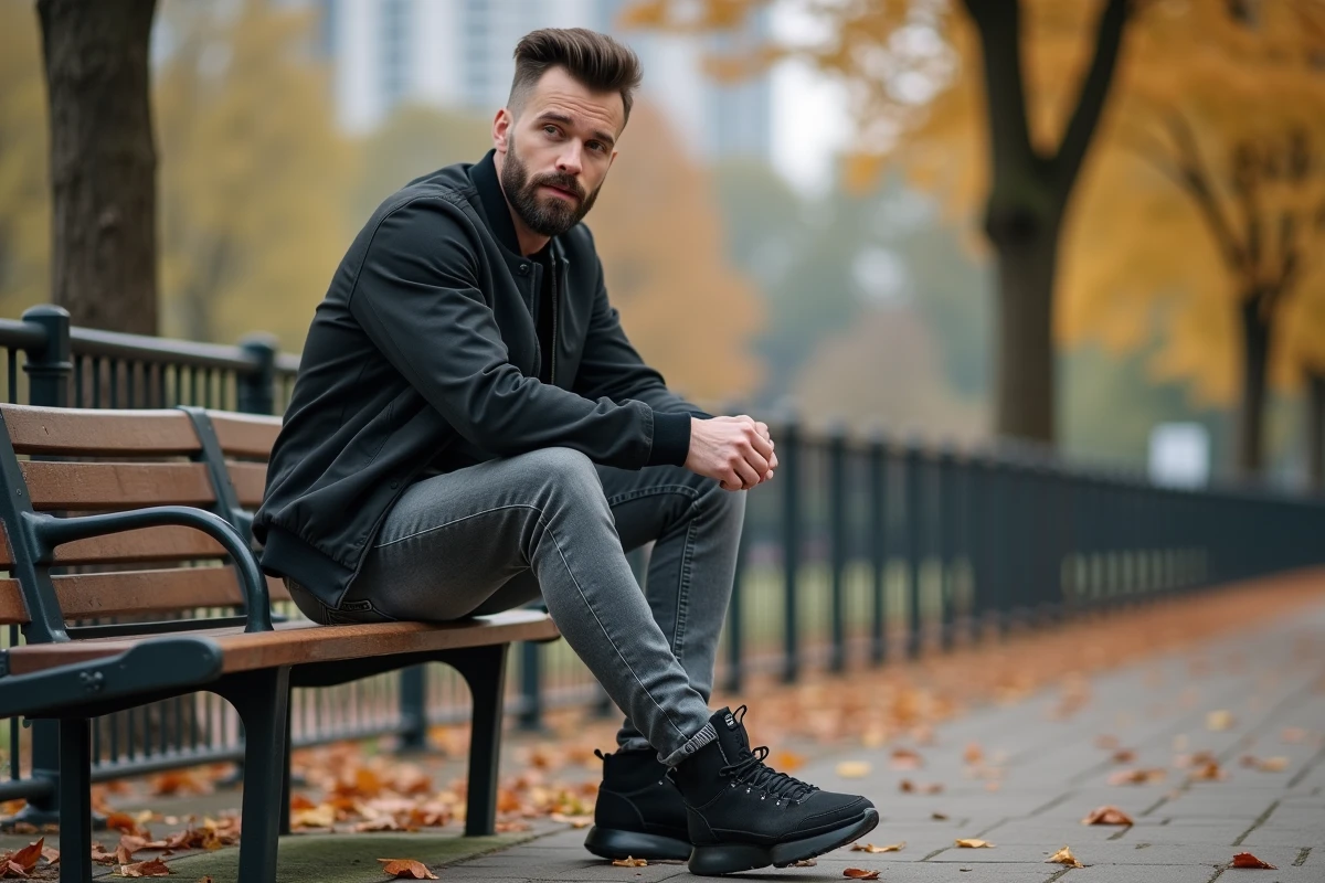 Homme assis dans un parc en vêtements décontractés