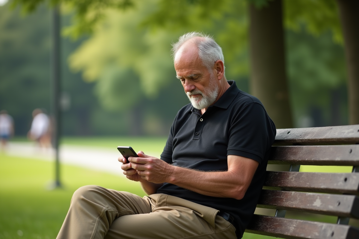 Homme senior assis sur un banc dans un parc