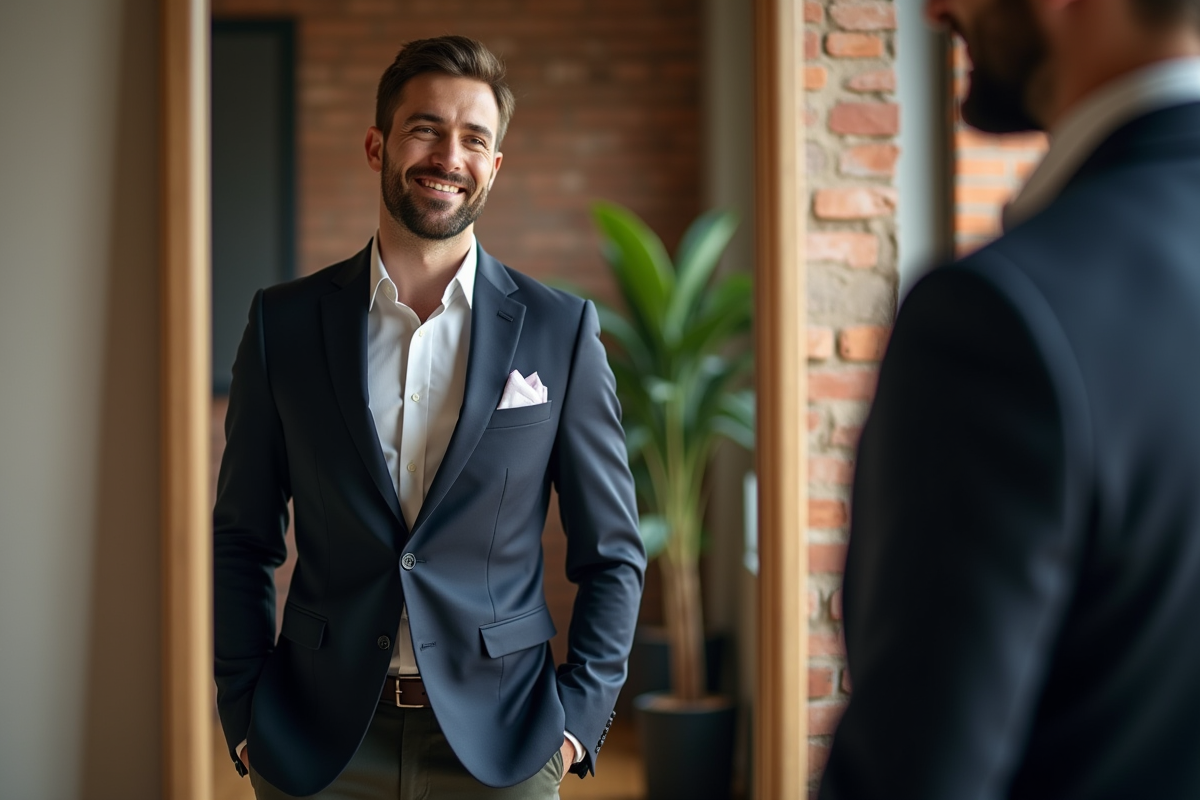 Homme confiant ajustant sa pochette dans un loft moderne