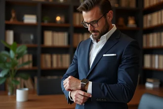 Homme en costume ajusté ajustant un bracelet en cuir dans un bureau moderne