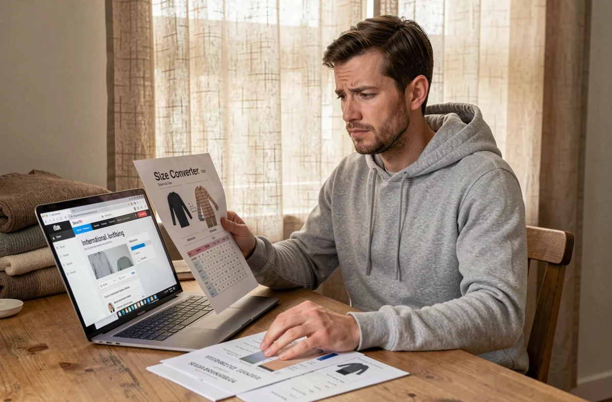 Homme comparant un tableau de conversion de tailles de vêtements sur ordinateur portable à domicile