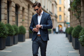 Homme en blazer navy ajustant sa montre en ville