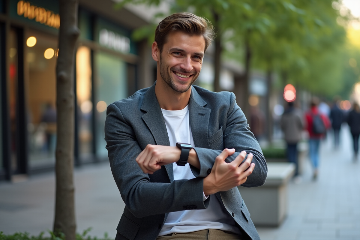 Jeune homme ajustant sa montre en ville en extérieur