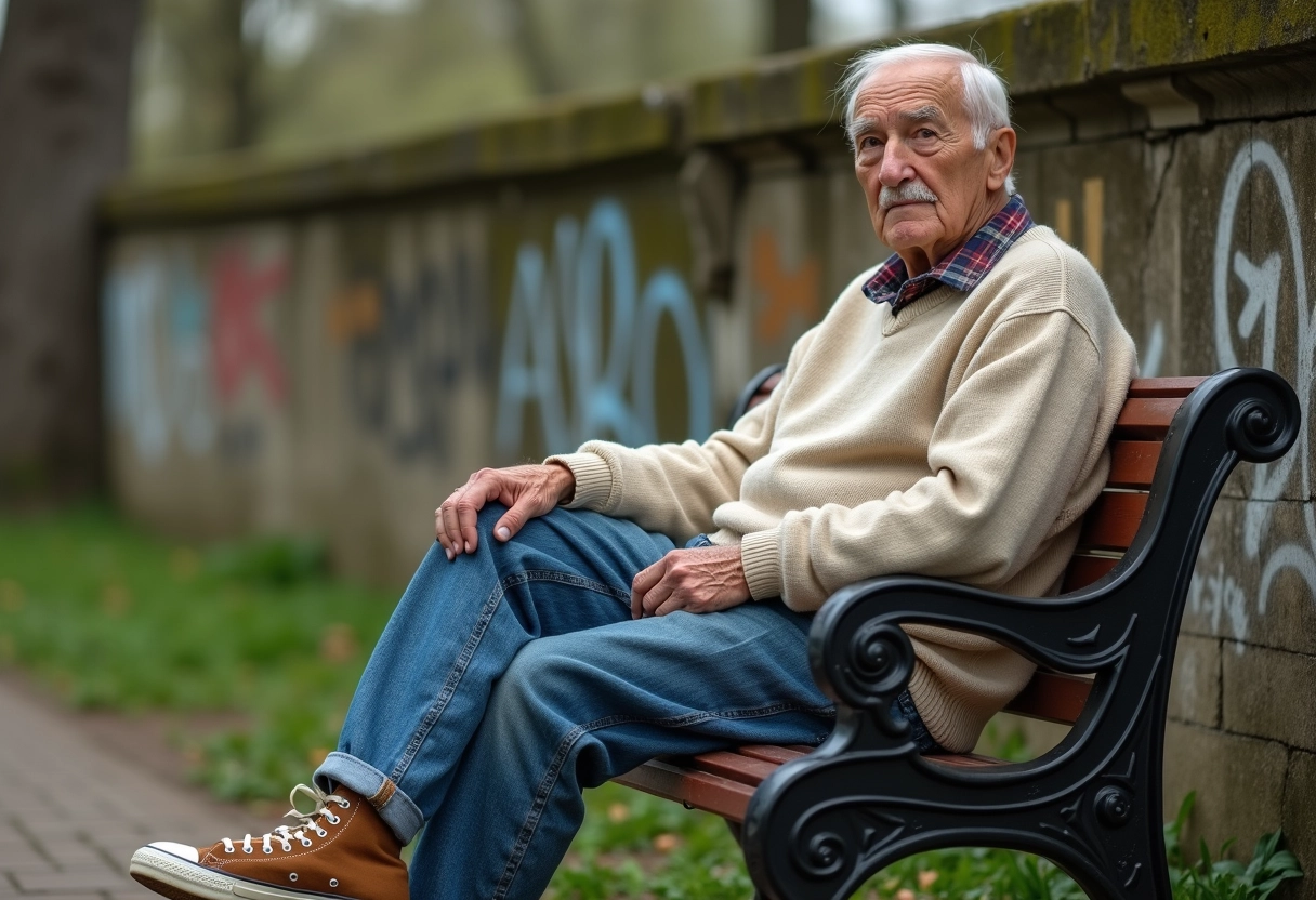 Homme âgé en vêtements vintage assis dans un parc paisible