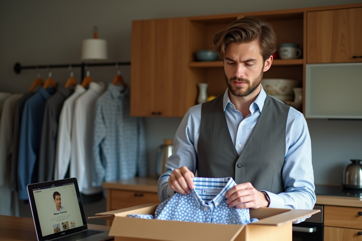 Homme inspectant un t-shirt dans la cuisine avec colis Vinted