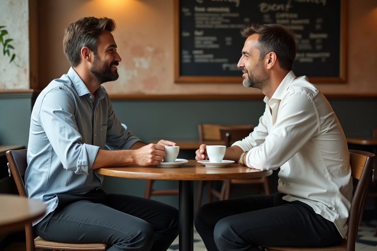 Deux hommes en conversation sincère dans un café authentique évoquant la croissance personnelle et le dialogue entre pairs