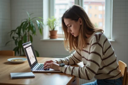 Jeune femme regarde un site de bijoux sur son ordinateur
