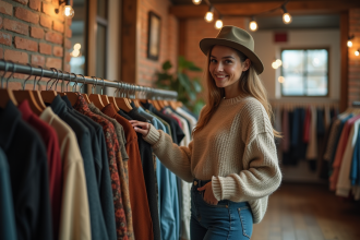 Jeune femme mode vintage et streetwear dans boutique