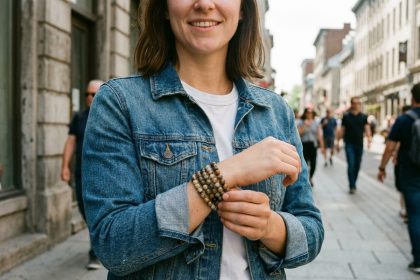 Jeune femme en denim ajustant ses bracelets en pierre naturelle