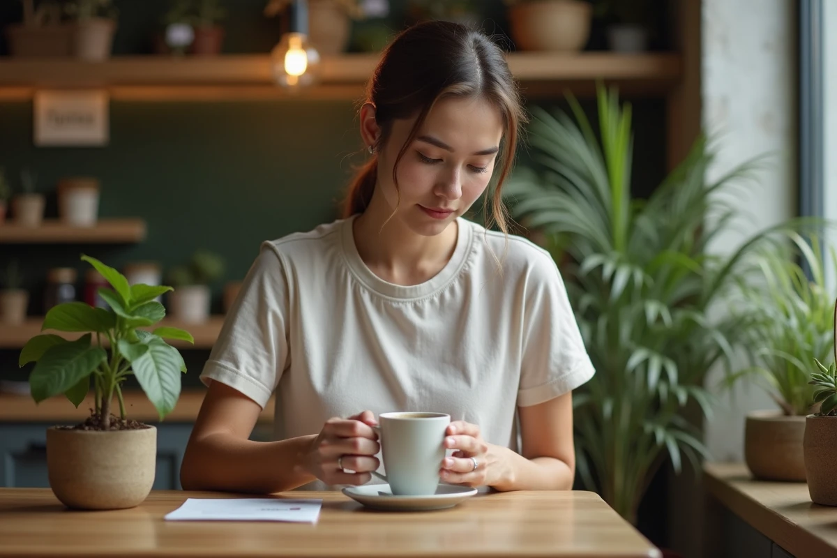 Jeune femme lisant une étiquette de produit durable dans un café cosy