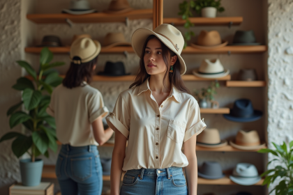 Jeune femme essayant différentes casquettes dans une boutique chaleureuse