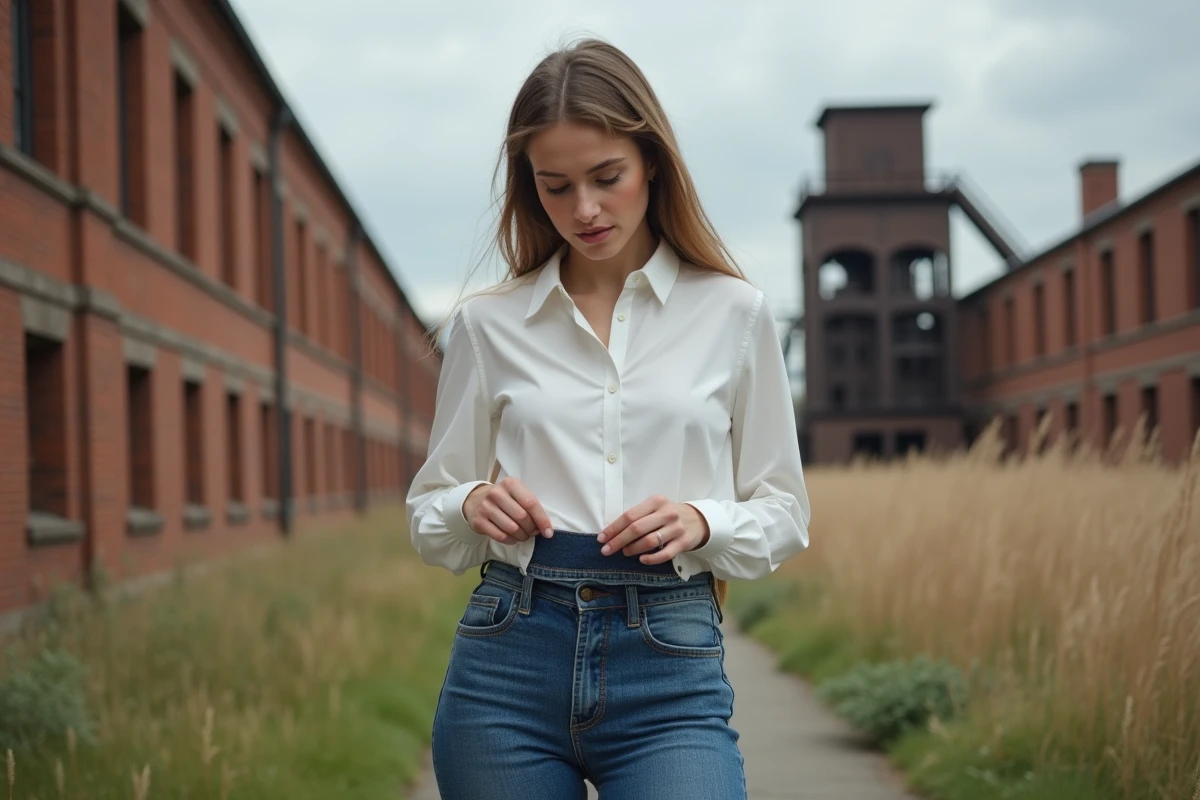 Jeune femme touchant un &eacute;chantillon de denim en ext&eacute;rieur