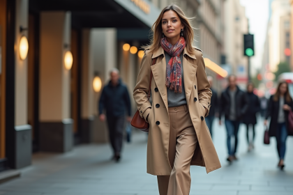 Jeune femme élégante en trench beige dans la ville
