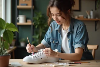 Jeune femme peignant une chaussure blanche dans un appartement