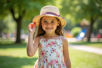 Jeune fille en robe fleurie et chapeau en été dans un parc