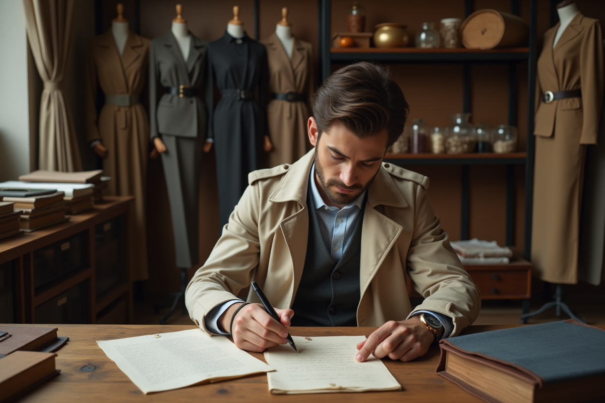 Jeune homme étudie une lettre vintage dans un atelier de couture