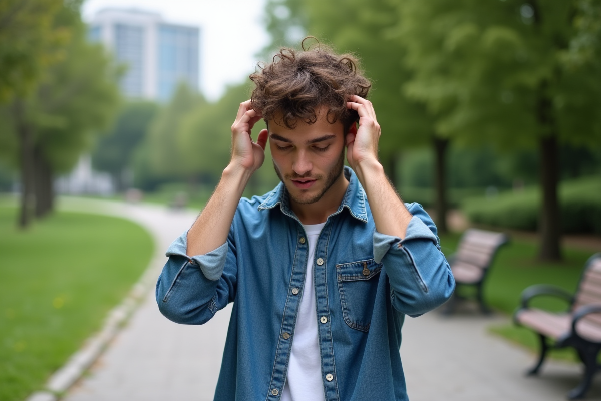 Jeune homme coiffant ses cheveux dans un parc urbain