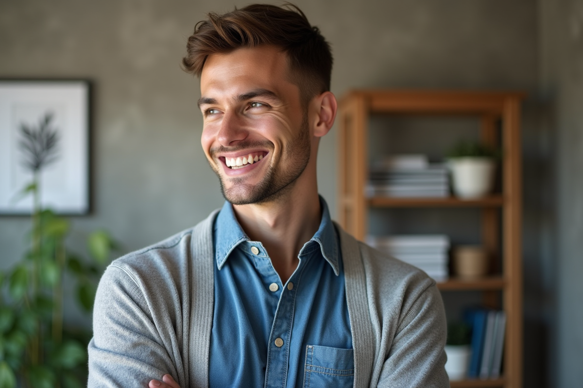 Jeune homme souriant dans un intérieur décontracté