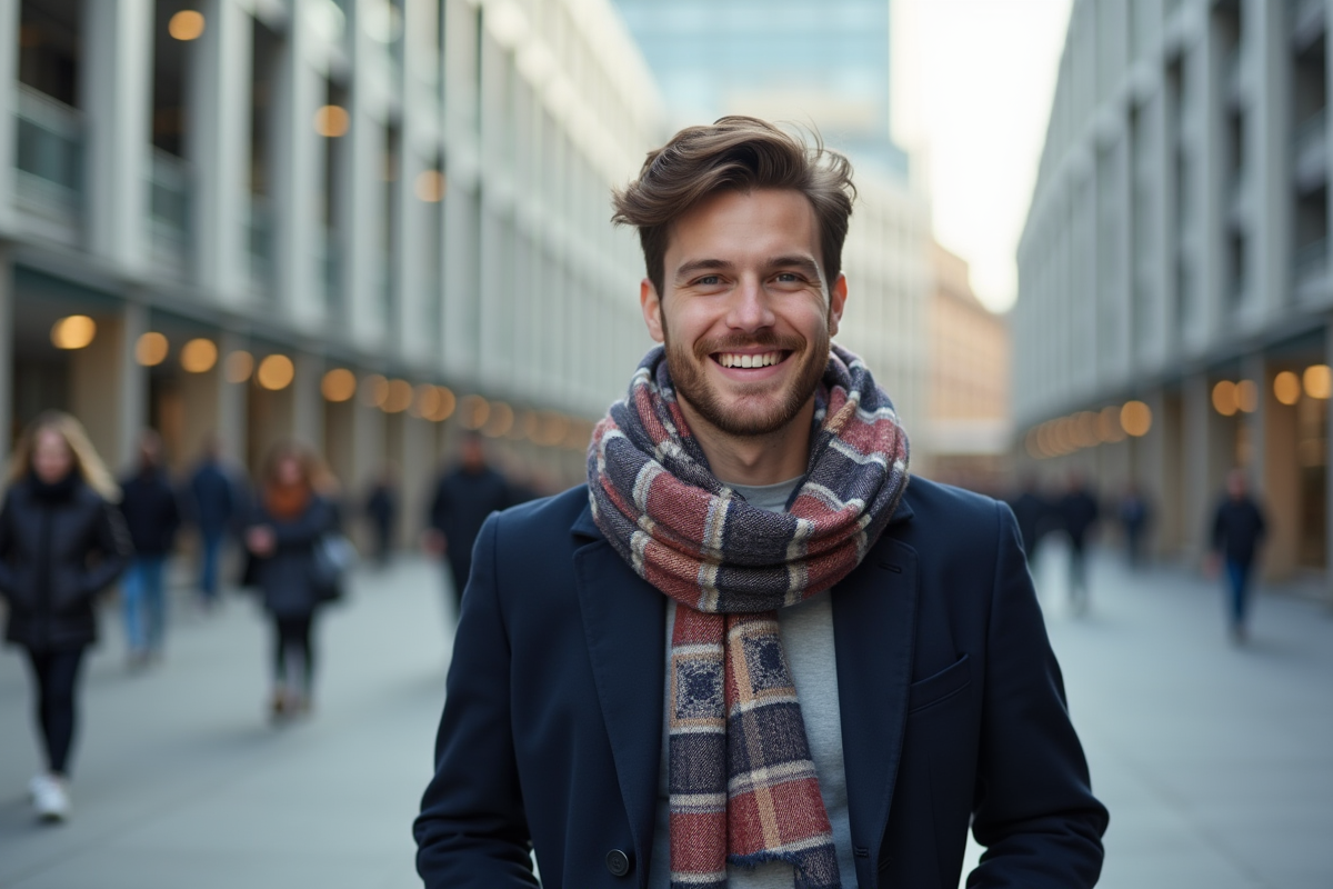 Jeune homme portant une écharpe dans une place urbaine