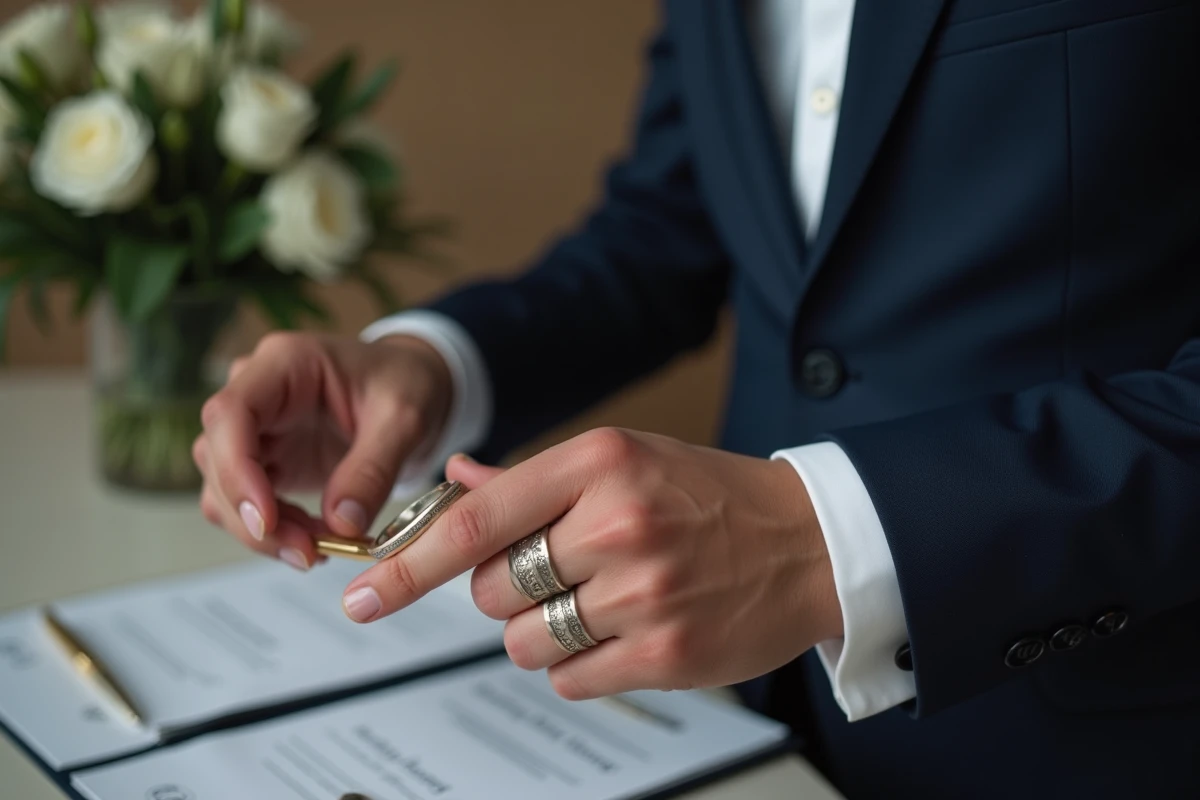 Jeune homme en costume ajusté tourne sa bague gravée lors d'un mariage