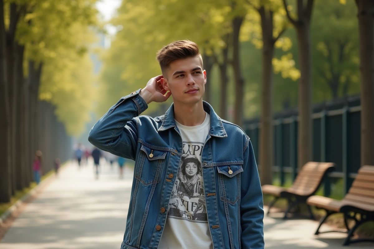 Jeune homme en denim dans un parc urbain ensoleille