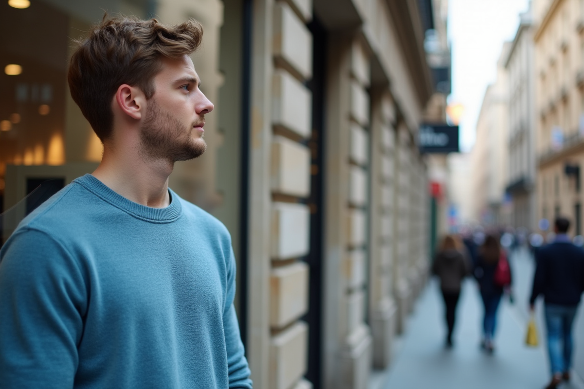 Jeune homme regardant son reflet dans une vitrine en ville