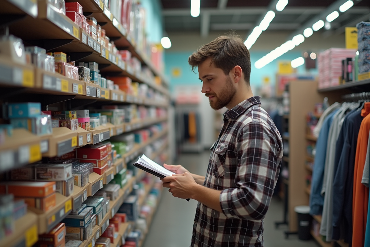 Jeune homme examinant des outils de couture en magasin