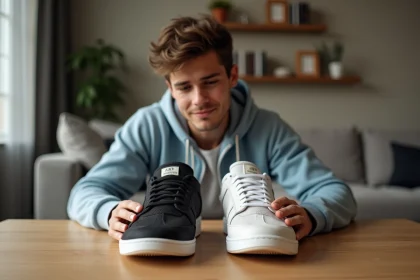 Jeune homme regardant deux paires de sneakers logo