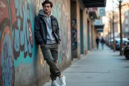 Jeune homme en streetwear urbain contre un mur graffite