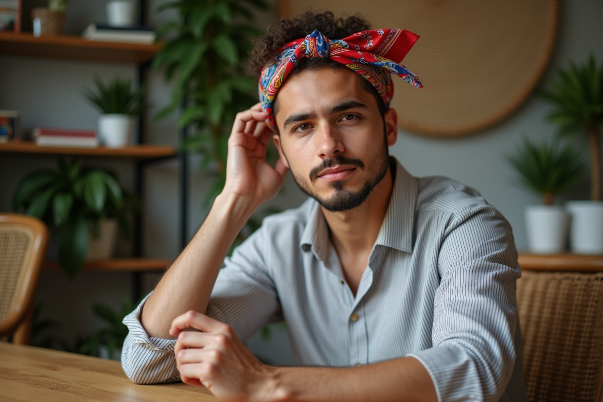 Jeune homme stylé avec foulard coloré en intérieur