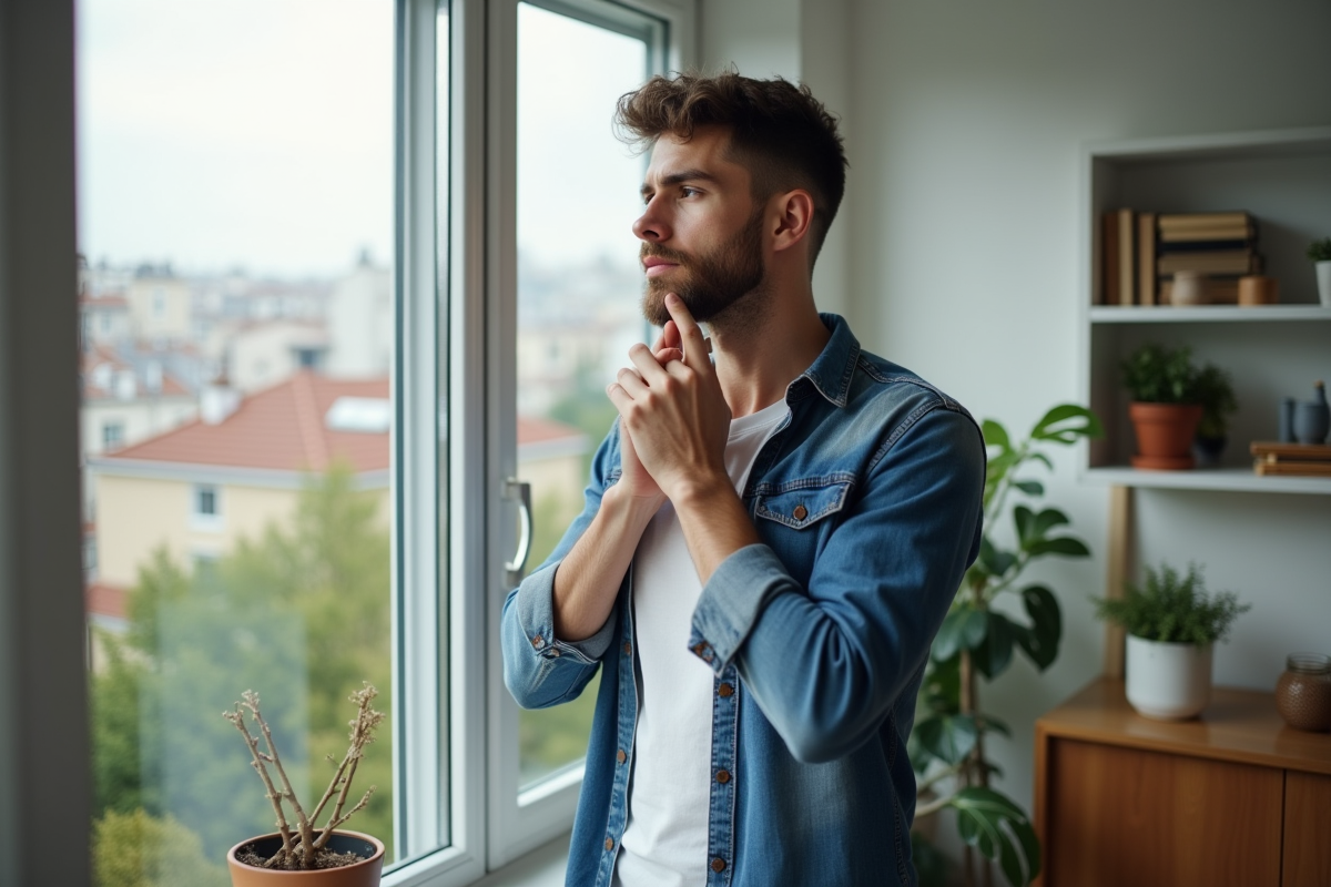 Jeune homme regardant par la fenêtre de son appartement