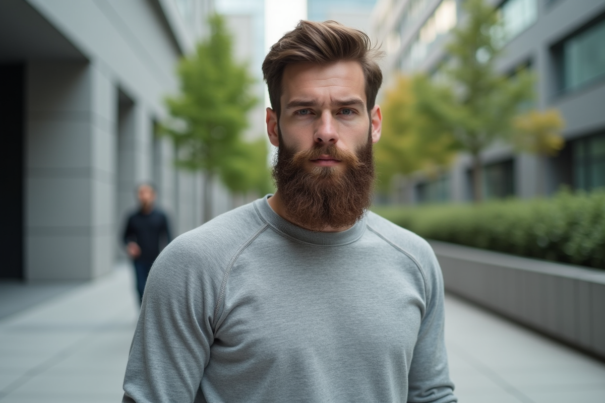Jeune homme avec barbe dans une rue urbaine moderne