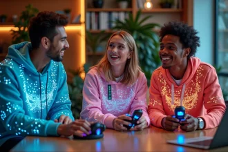 Groupe de jeunes adultes en vêtements LED colorés dans un espace créatif