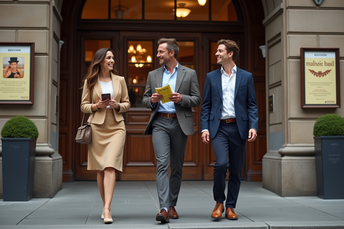 Jeunes adultes discutant devant un théâtre historique