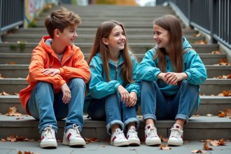 Groupe d'adolescents en jeans baggy et sneakers vintage dans une place urbaine