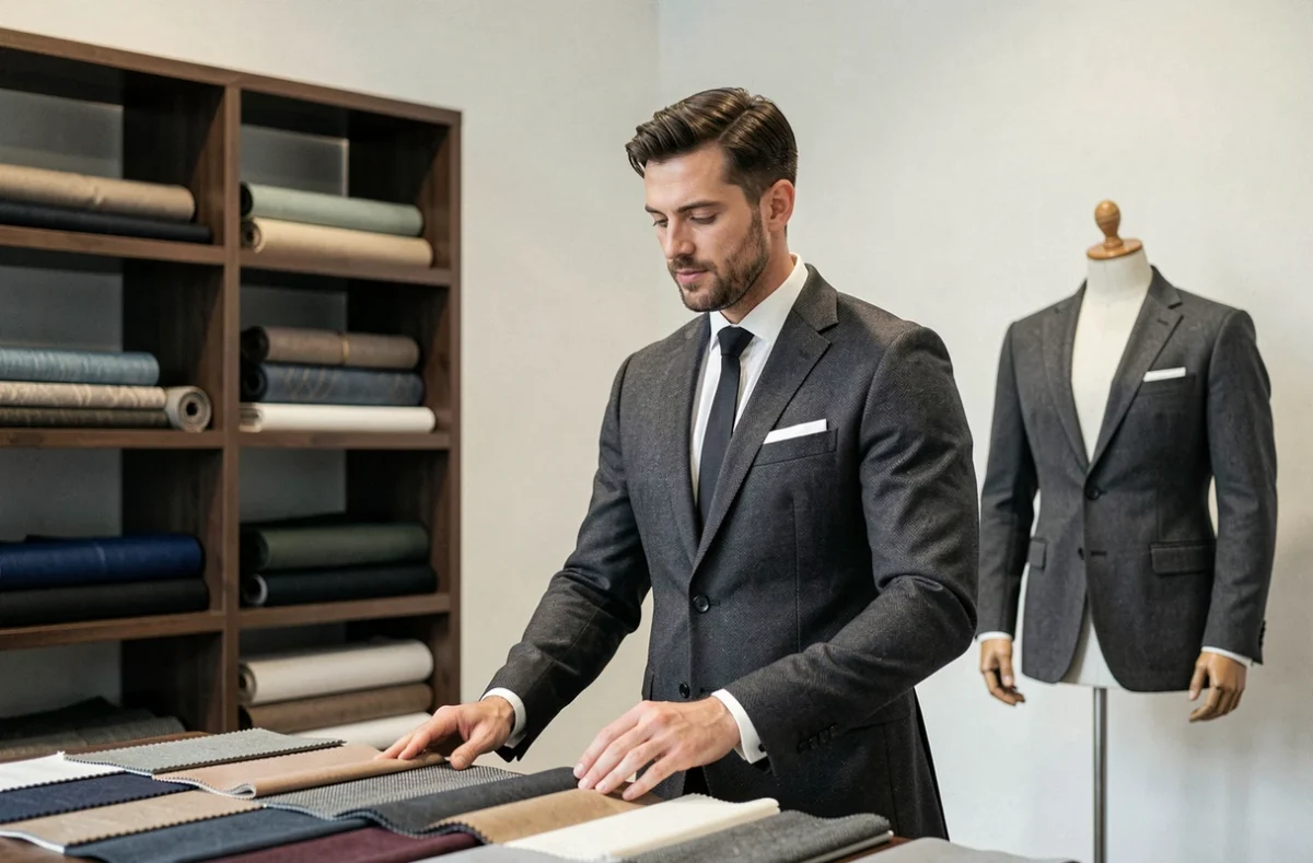 Homme en costume sur mesure gris dans l'atelier La Mesure au Masculin spécialisé homme à Lille