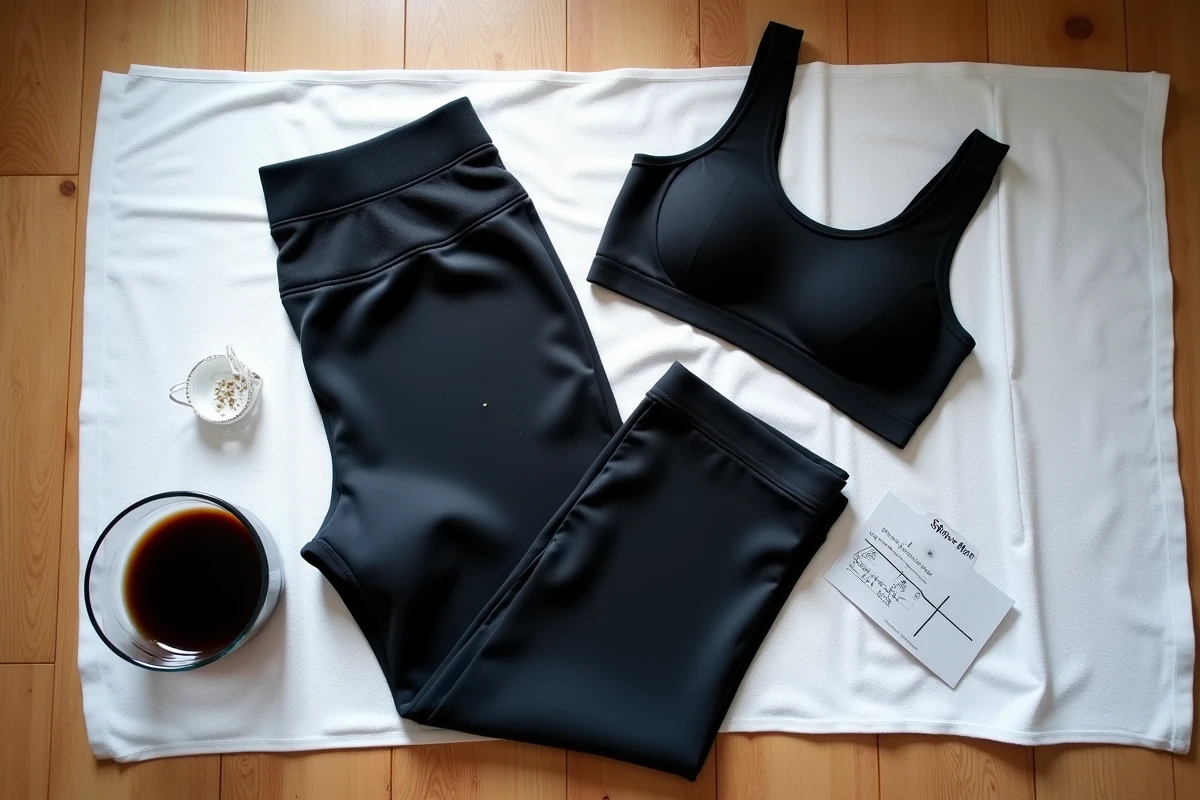 Legging et brassière de sport teints en noir séchant à plat sur une serviette en coton blanc après teinture