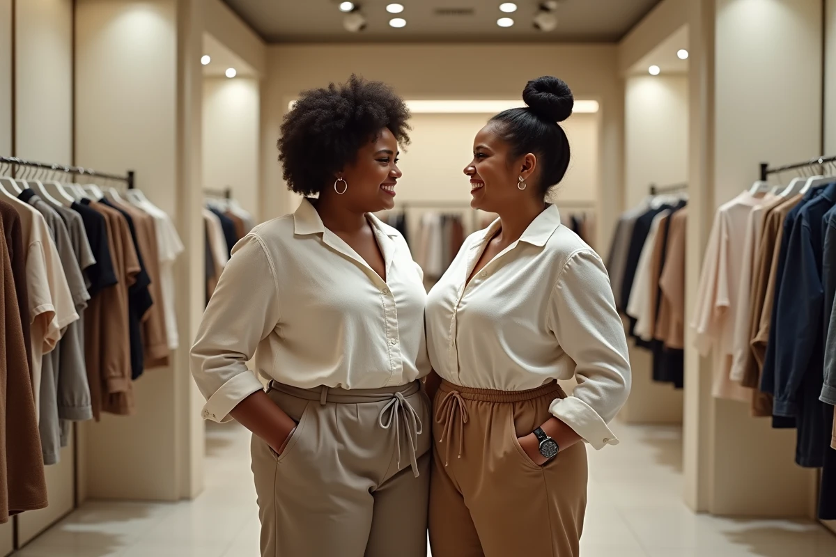 Deux femmes rondes qui essaient des vêtements ensemble dans un magasin grande taille à Marseille