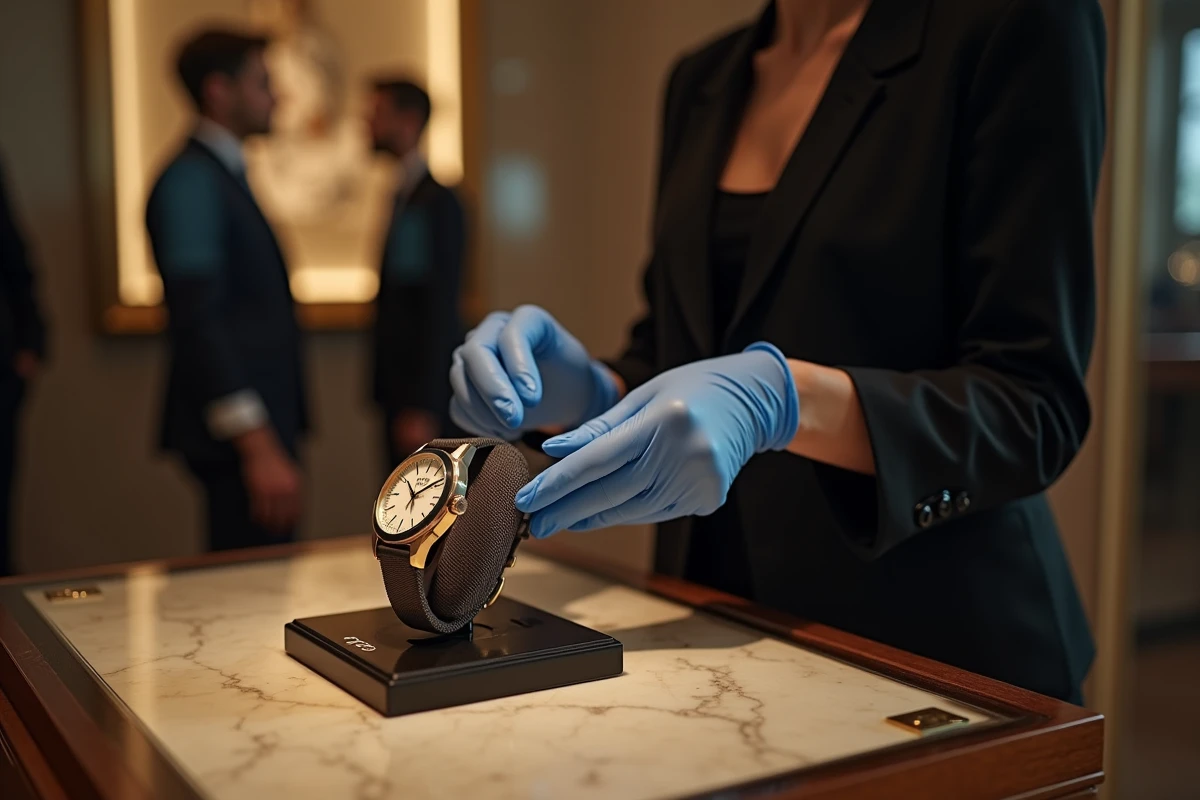 Main gantée plaçant une montre de luxe dans une vitrine