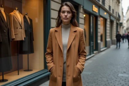 Femme élégante portant un manteau camel avec poches cousues dans une rue parisienne, illustrant le look chic des manteaux aux poches fermées